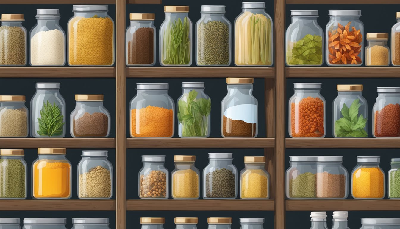 A collection of various colorful jars and bottles filled with an assortment of herbs and spices, neatly arranged on a shelf