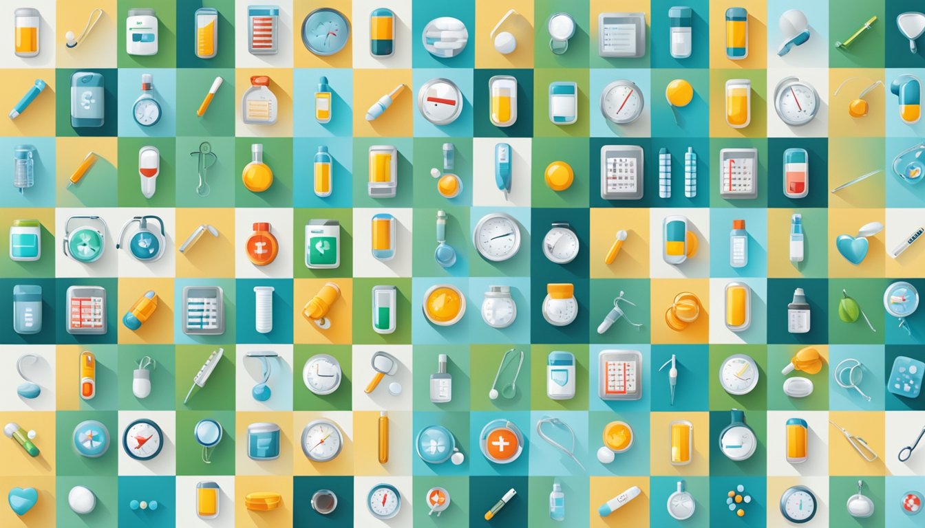 A collection of medical symbols and icons representing various common illnesses, such as a thermometer, pills, and a stethoscope, arranged in a grid pattern