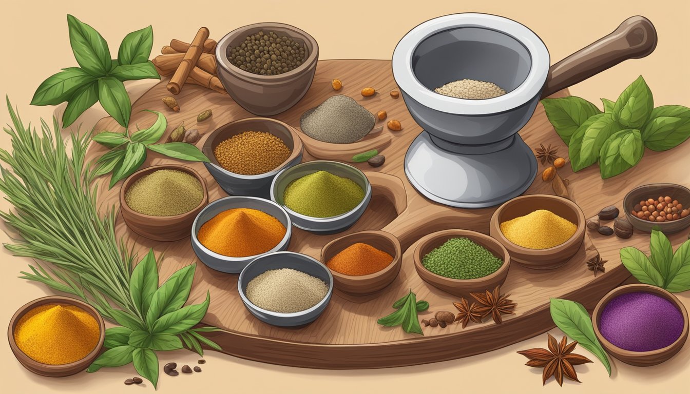 A variety of colorful spices and herbs arranged on a wooden cutting board. A mortar and pestle sits nearby, ready for grinding