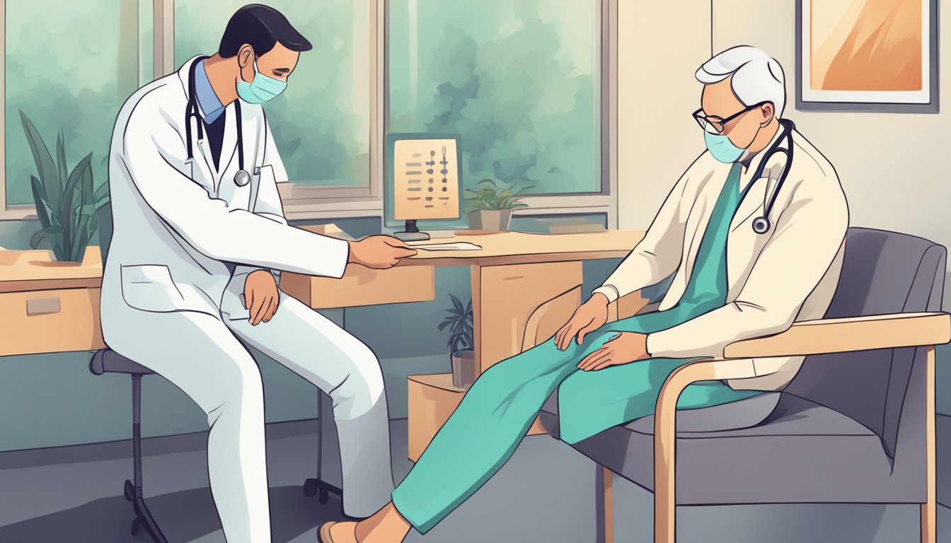 A person receiving a diagnosis of rheumatoid arthritis from a doctor in a medical office