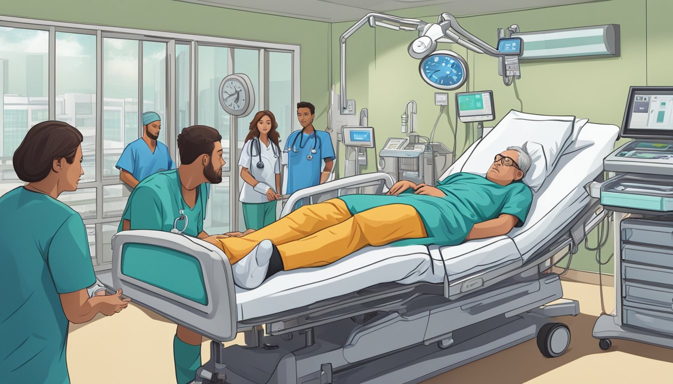 A person lying in a hospital bed, surrounded by medical equipment and concerned family members, while a doctor discusses critical illness insurance options