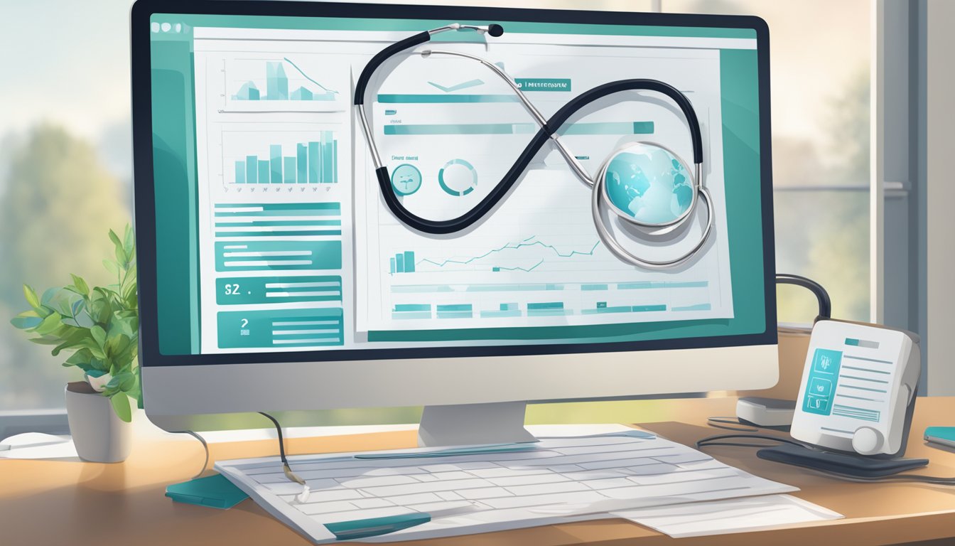 A stethoscope and medical chart on a desk, with a computer screen displaying the benefits of illness insurance