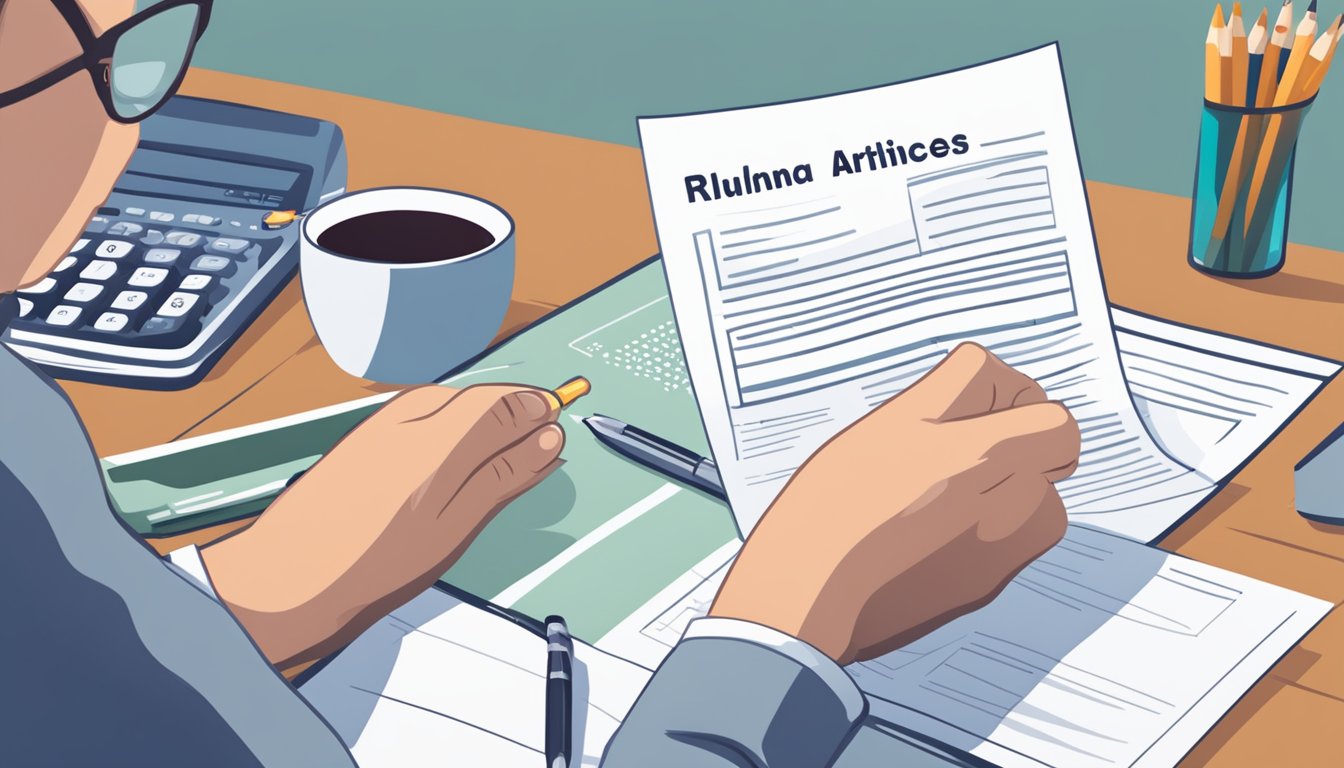 A person sitting at a desk, filling out paperwork for critical illness insurance, with a pamphlet on rheumatoid arthritis next to them