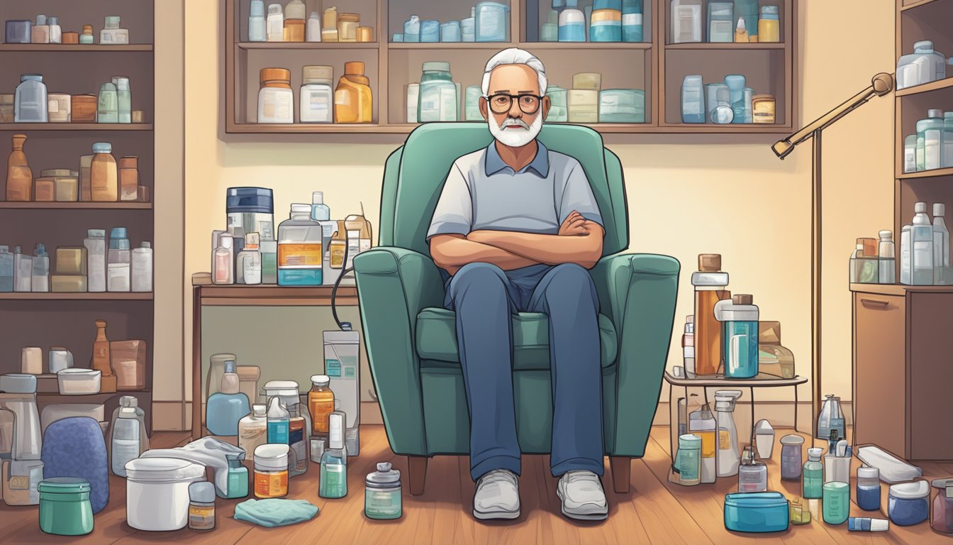 A person sitting on a comfortable chair, surrounded by various medications, heating pads, and mobility aids, with a look of determination on their face