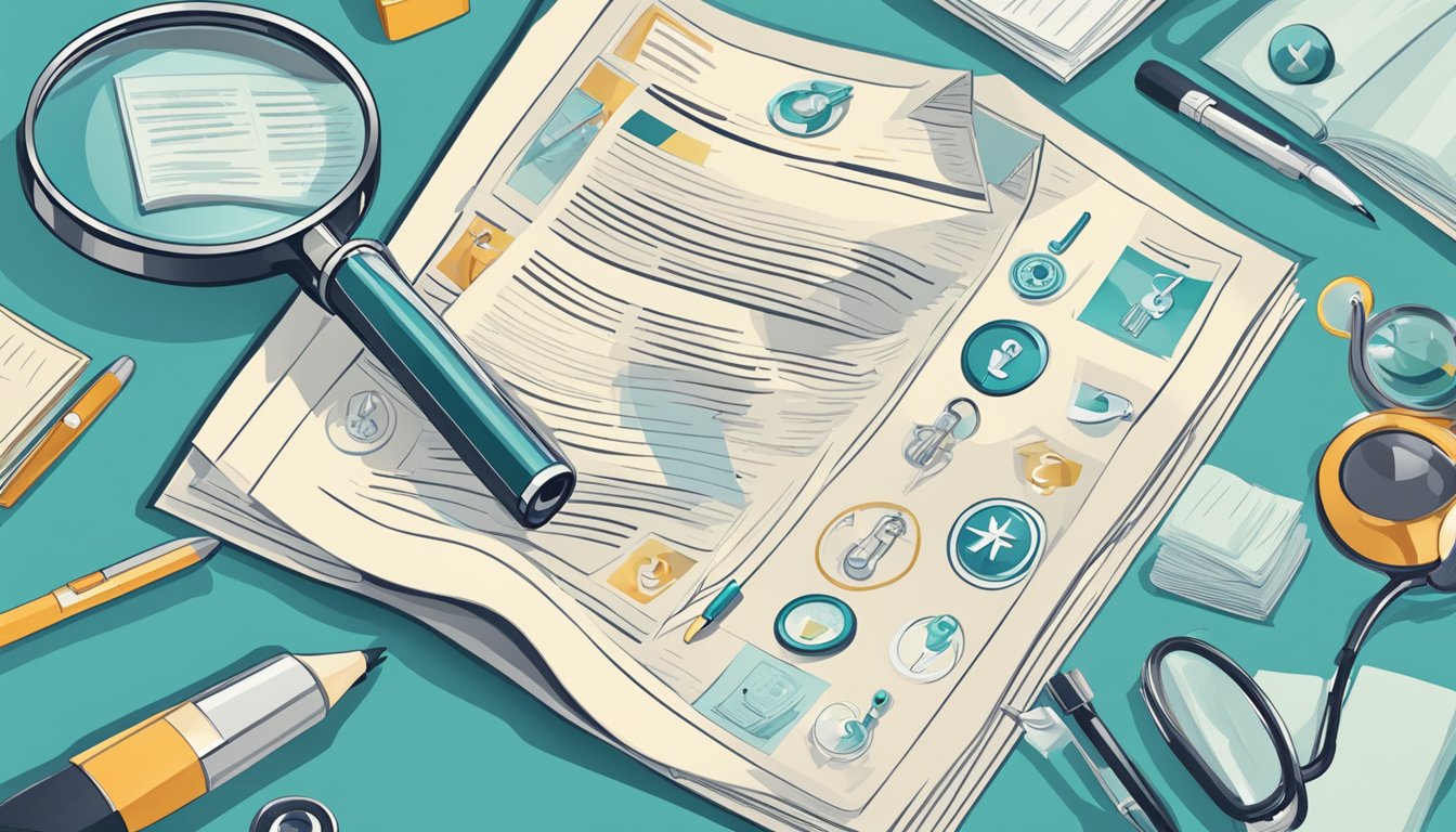 A person reading a document with a magnifying glass, surrounded by medical symbols and a contract