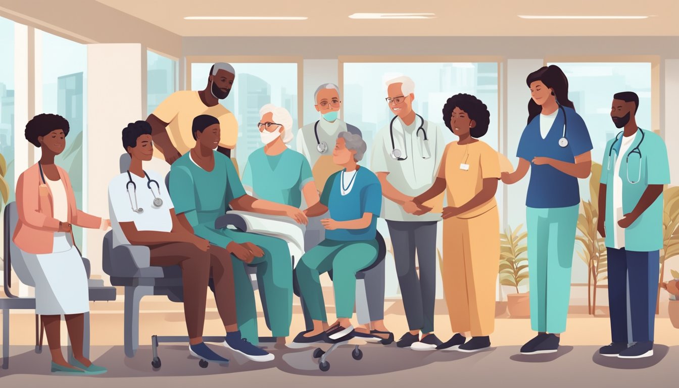 A group of diverse individuals receiving treatment for rheumatoid arthritis, surrounded by supportive family members and medical professionals