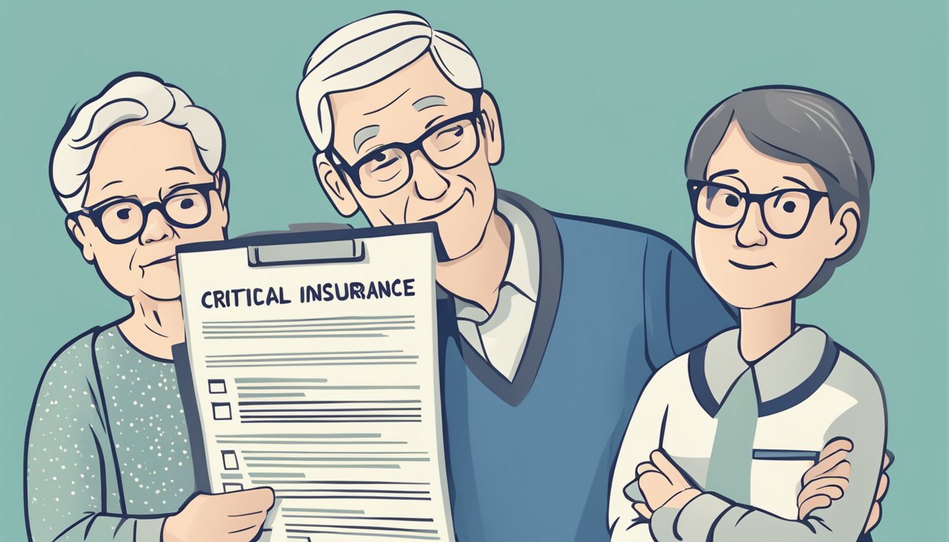 A family member holding a critical illness insurance policy while standing next to a person with rheumatoid arthritis, symbolizing the importance of providing for dependents