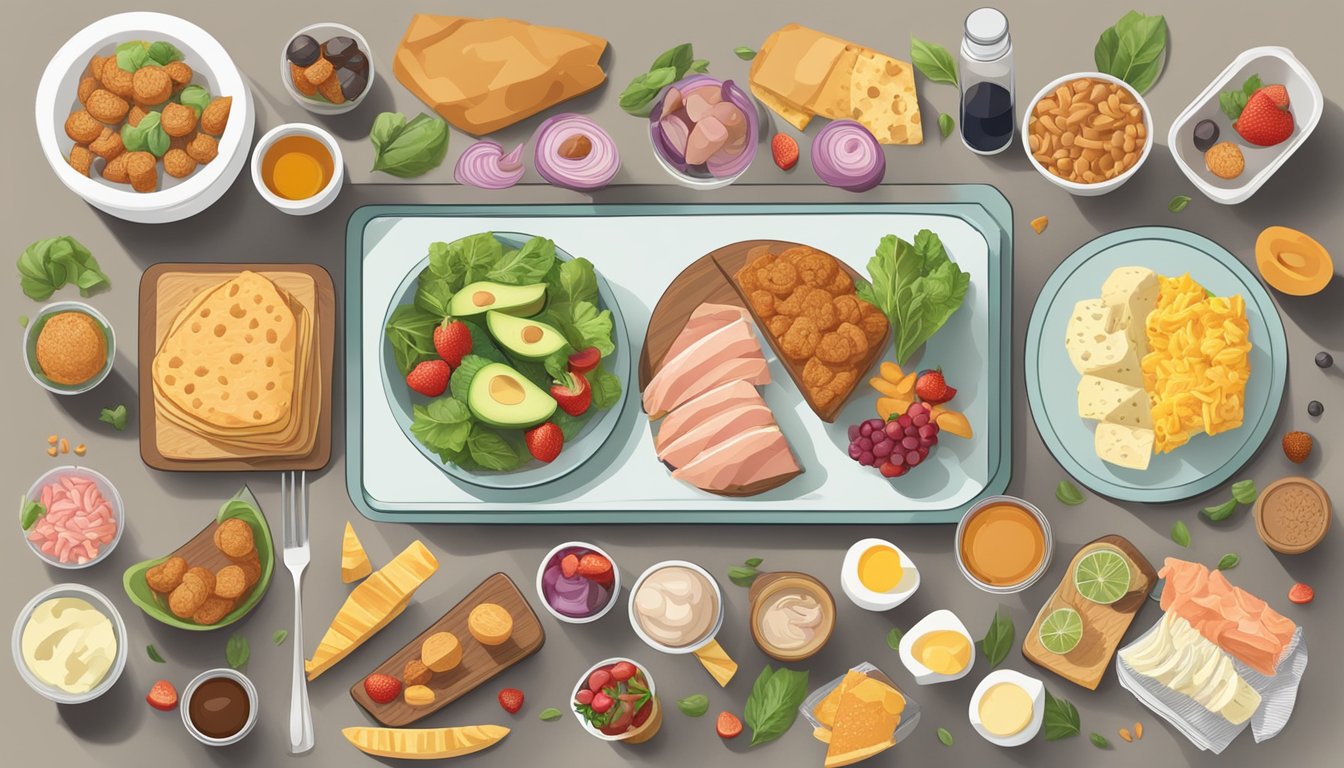 A table filled with keto-friendly foods, surrounded by common mistakes like sugary snacks and high-carb items, with a clear divide between the two sides