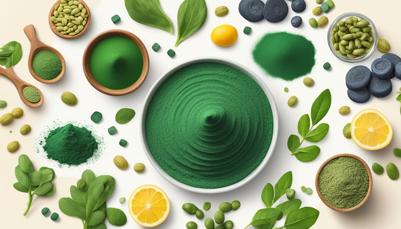 A vibrant spiral of green spirulina powder surrounded by low-carb, keto-friendly foods and supplements, symbolizing the impact of spirulina on a keto diet