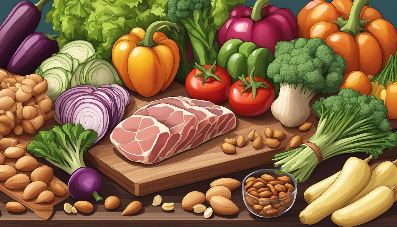 A colorful array of fresh vegetables, lean meats, nuts, and healthy fats arranged on a wooden cutting board