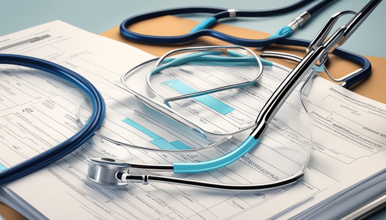 A stack of medical documents with highlighted titles and a stethoscope laying on top