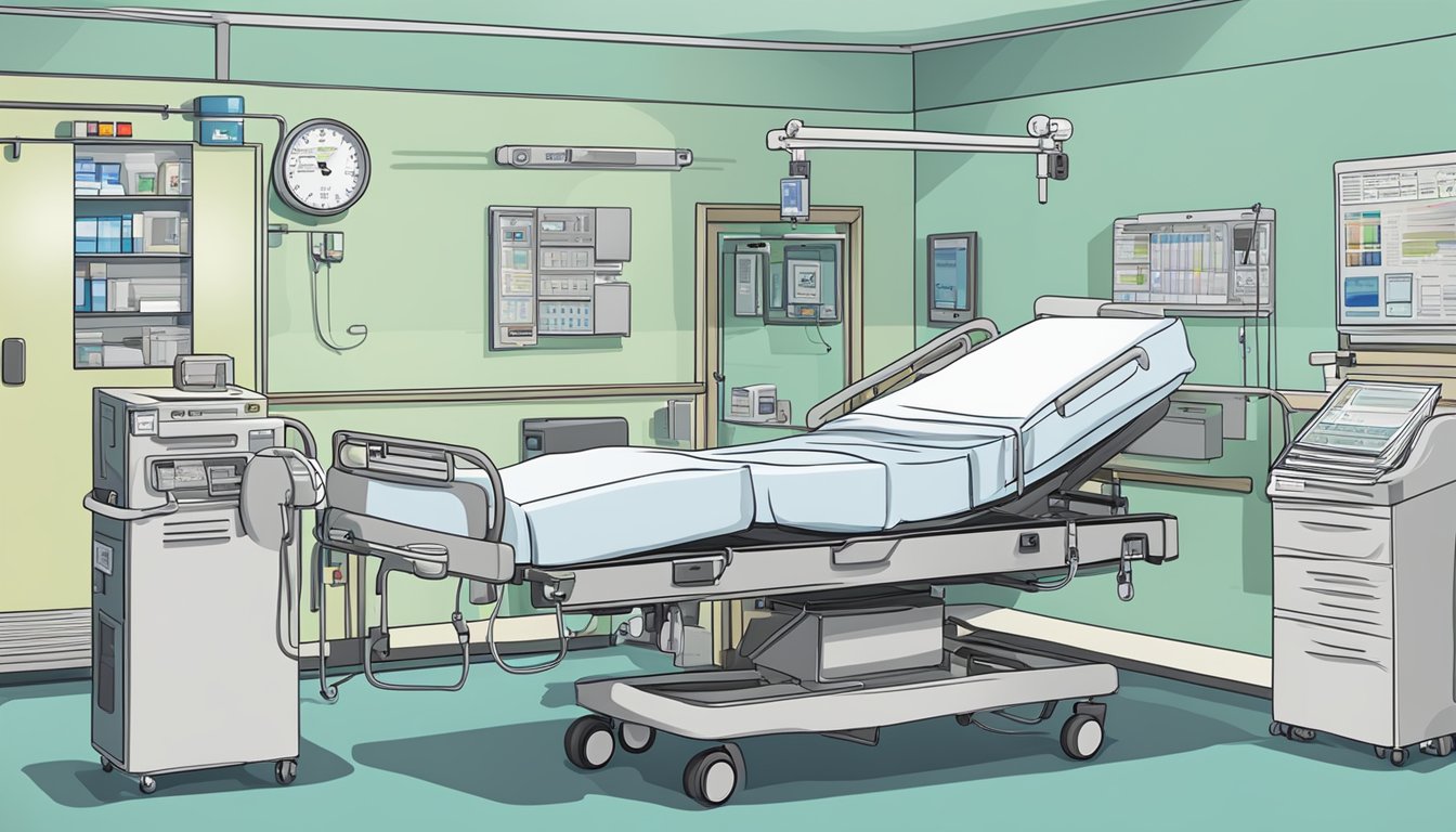 A hospital bed with medical equipment and a document showing "Critical Illness Insurance Covered Conditions."