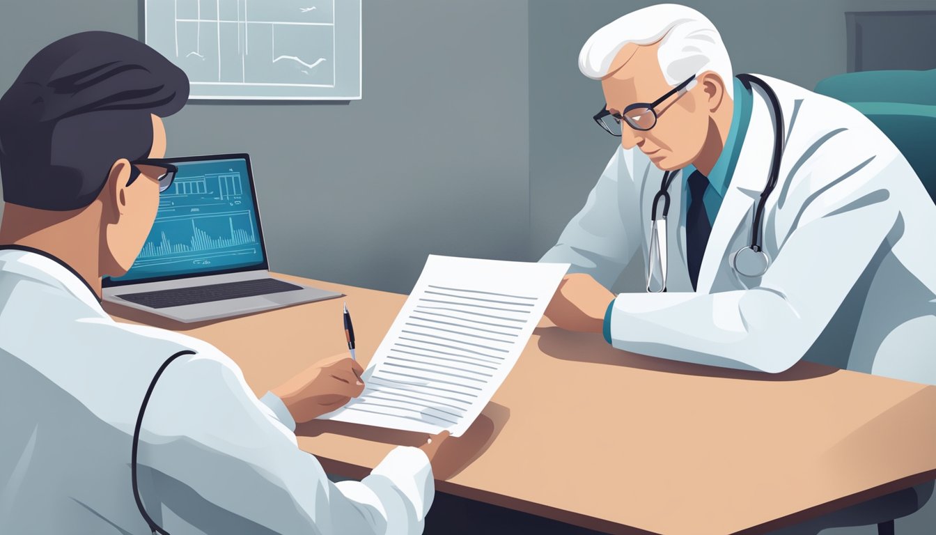 A doctor reviewing a list of covered critical illness conditions with a concerned patient