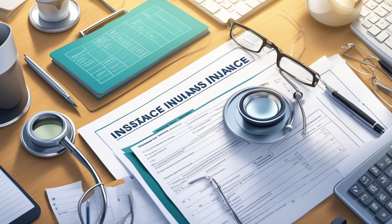 A table with a list of critical illness insurance premiums and benefits, surrounded by medical equipment and documents