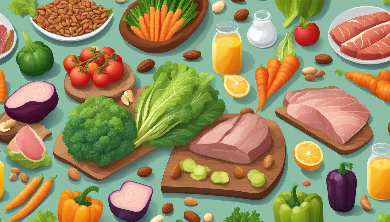 A table filled with colorful vegetables, lean meats, nuts, and healthy fats, with a focus on organic and unprocessed foods