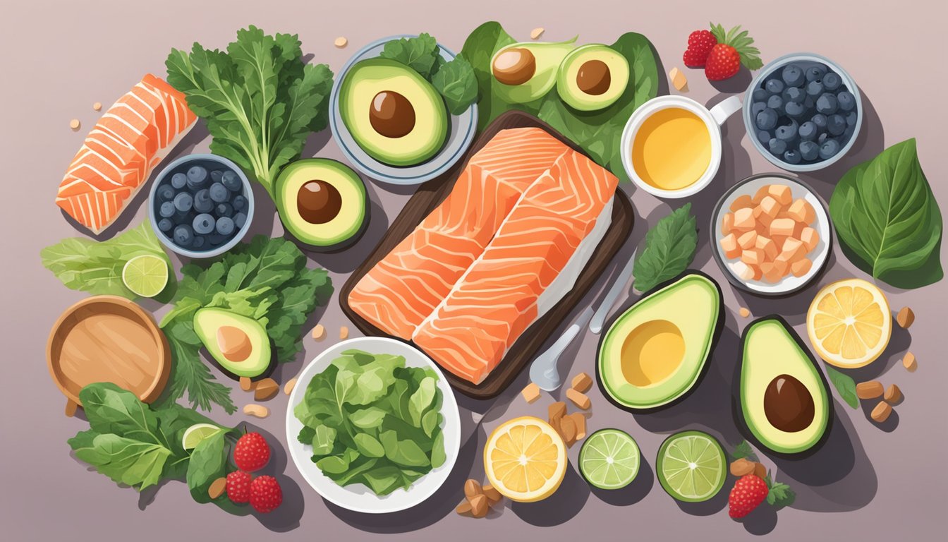 A table filled with keto-friendly foods like salmon, avocado, and leafy greens, accompanied by collagen-boosting supplements and natural sources like bone broth and berries