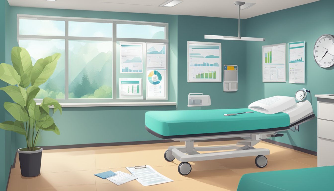 A hospital room with a clipboard, stethoscope, and insurance documents on a desk. A chart with wellness benefit details displayed on the wall