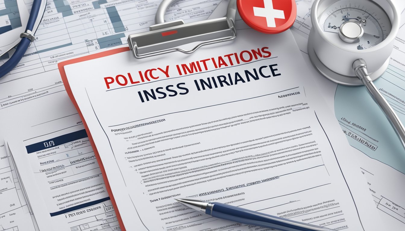 A document with a heading "Policy Limitations and Exclusions List of critical illness insurance" surrounded by medical equipment and a red warning symbol