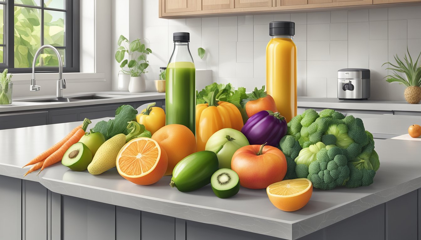 A colorful array of fresh fruits and vegetables, alongside a bottle of collagen supplement, on a clean kitchen countertop