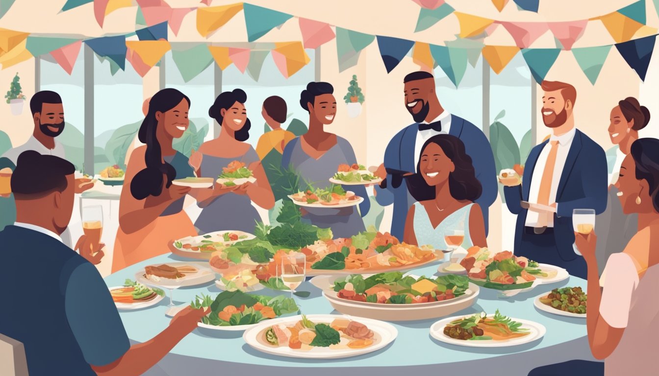 A festive wedding banquet with a variety of keto-friendly food options, guests mingling and enjoying themselves while confidently adhering to the keto diet