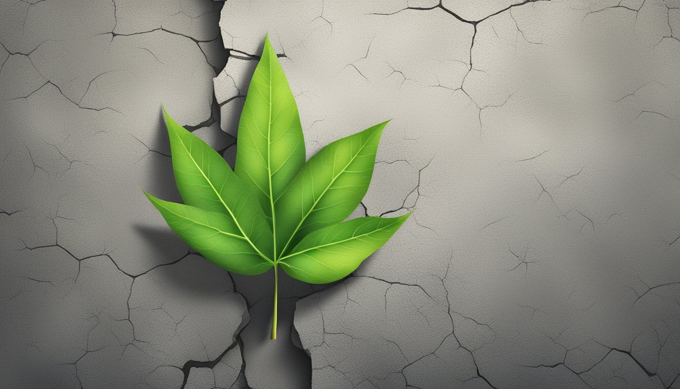 A vibrant green leaf emerging from a crack in a concrete wall