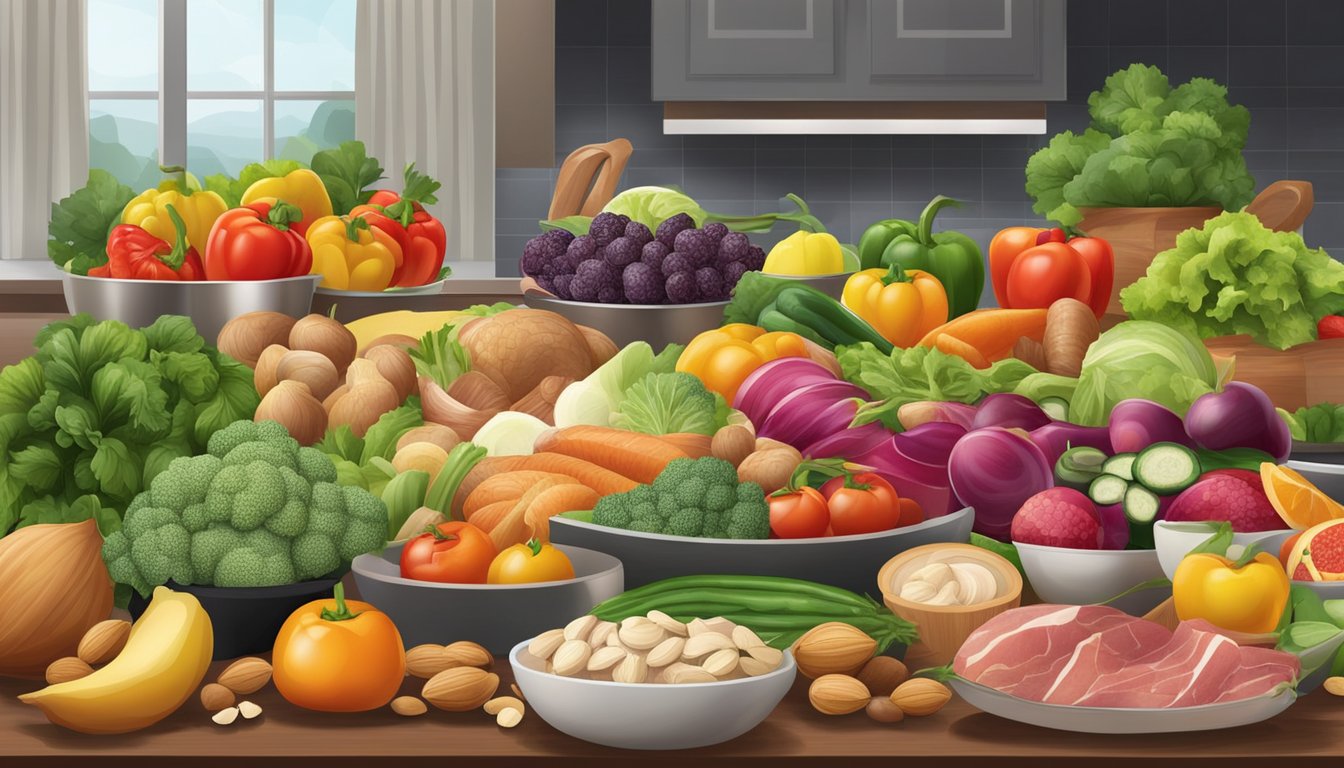 A kitchen counter with a variety of fresh vegetables, fruits, nuts, and lean meats arranged in an organized and appetizing manner