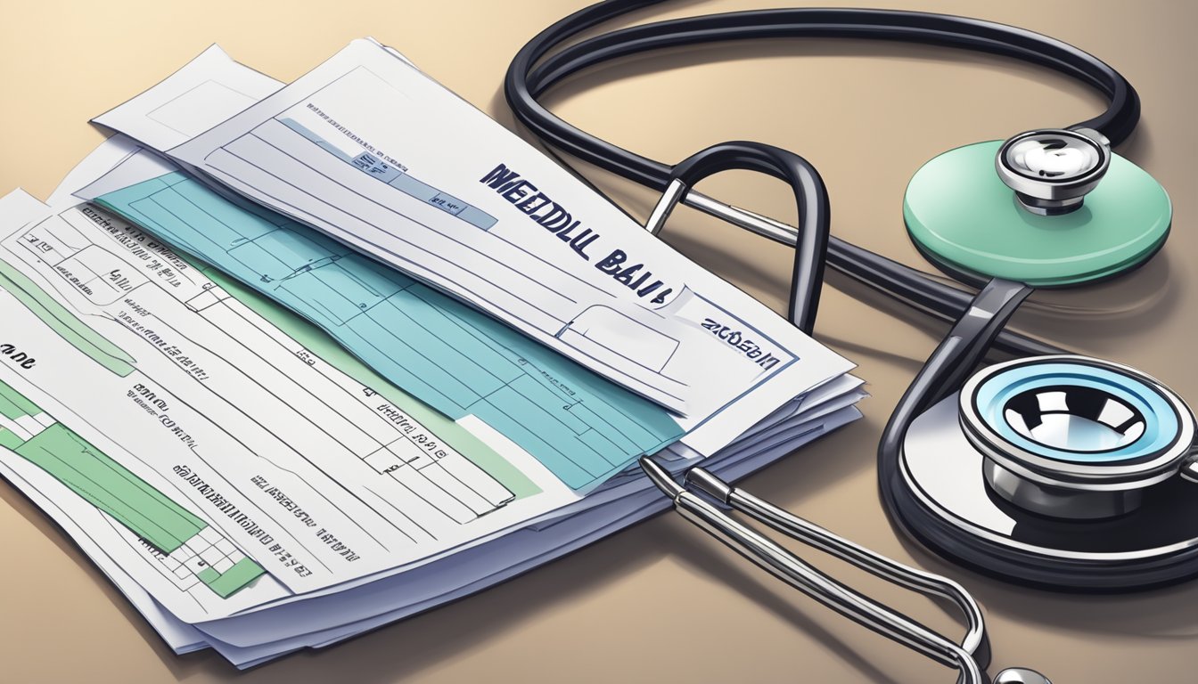 A stack of medical bills and a checkbook on a desk, with a stethoscope and a wellness pamphlet nearby