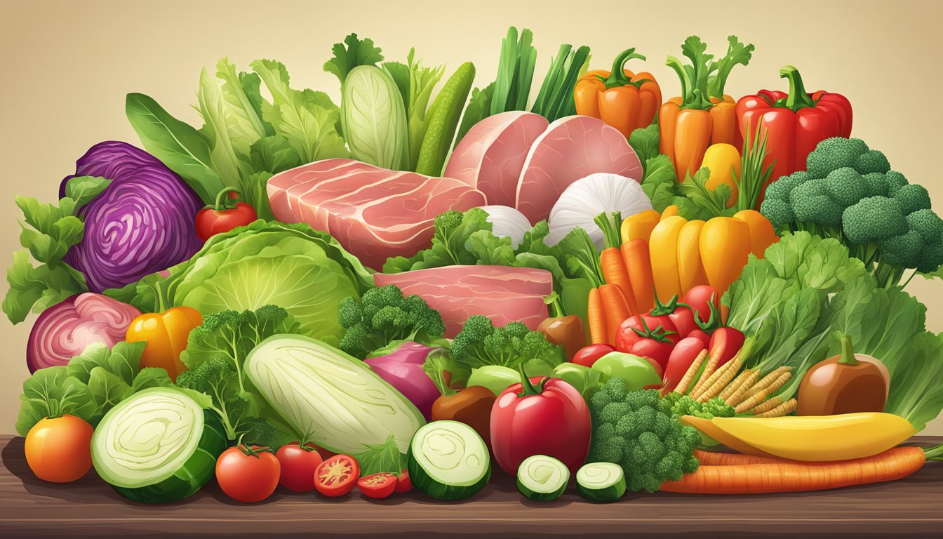 A colorful array of fresh vegetables, lean meats, and healthy fats arranged in a balanced and visually appealing composition