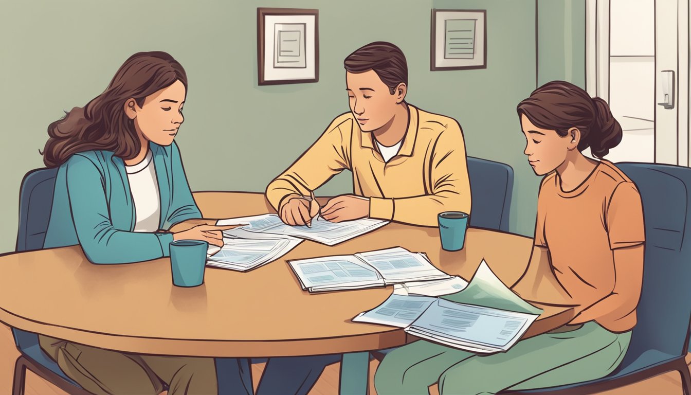 A family of four sitting around a table reviewing critical illness insurance pamphlets, with concerned expressions on their faces