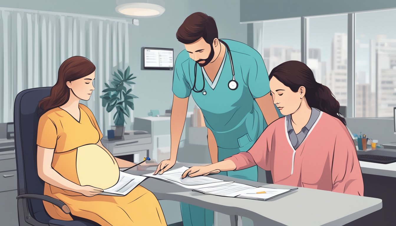 A pregnant woman receiving medical treatment for a critical illness, while her insurance policy is being reviewed by a representative