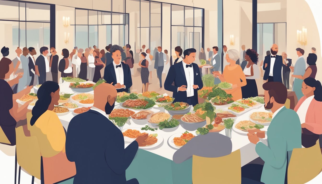 Guests at a wedding buffet, choosing from a variety of keto-friendly options, engaging in conversation with ease