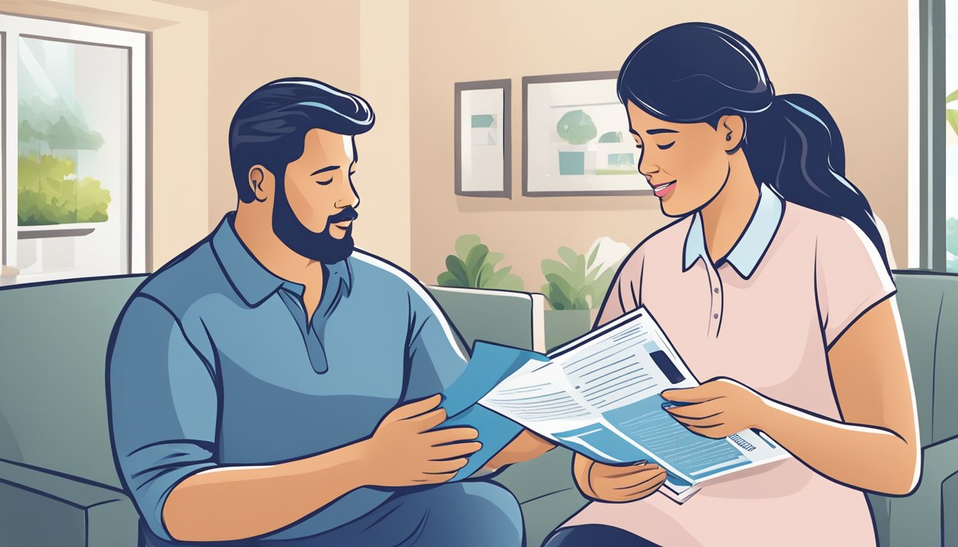 A pregnant woman talking to an insurance agent, pointing to a brochure on critical illness insurance. The agent is explaining coverage options