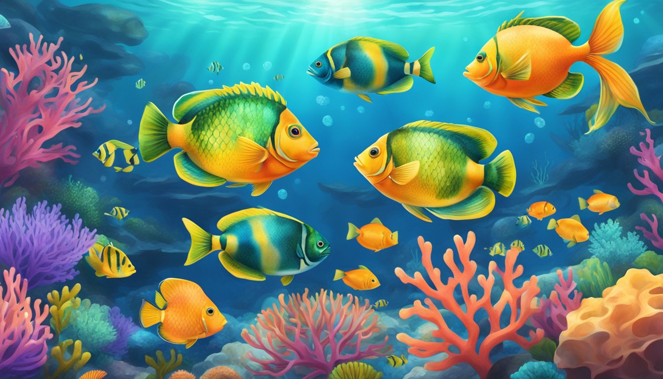 A serene underwater scene with colorful, sustainable fish swimming among vibrant coral reefs, symbolizing the harmony between the Keto diet and a healthier planet