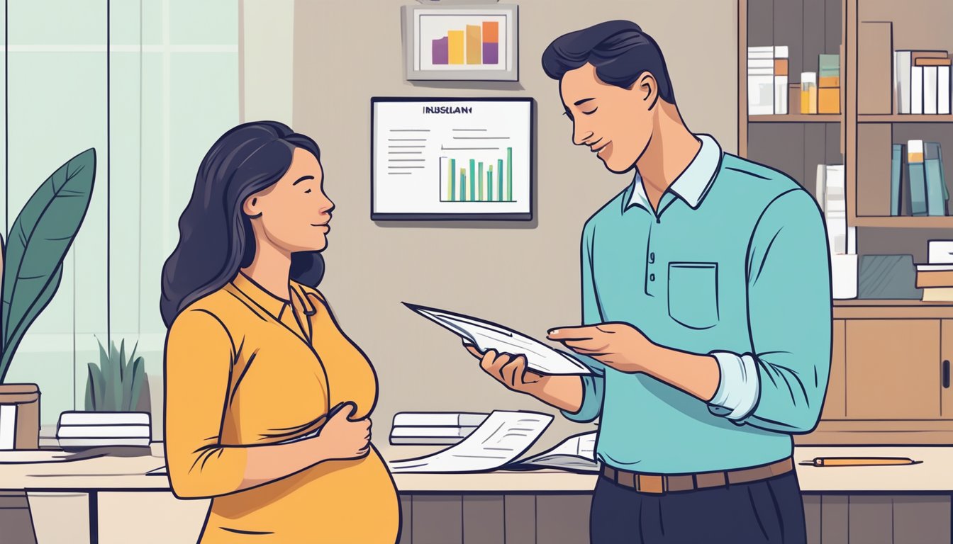 A pregnant woman holding a critical illness insurance policy while talking to an insurance agent