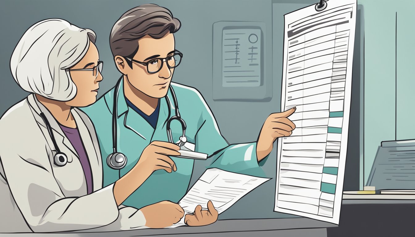 A doctor pointing to a list of excluded conditions on a chart, while a worried patient looks on