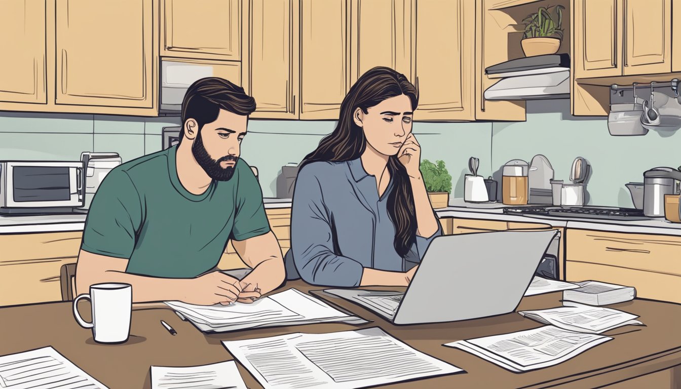 A worried couple sits at a kitchen table, surrounded by paperwork and a laptop. They are discussing critical illness insurance and pregnancy