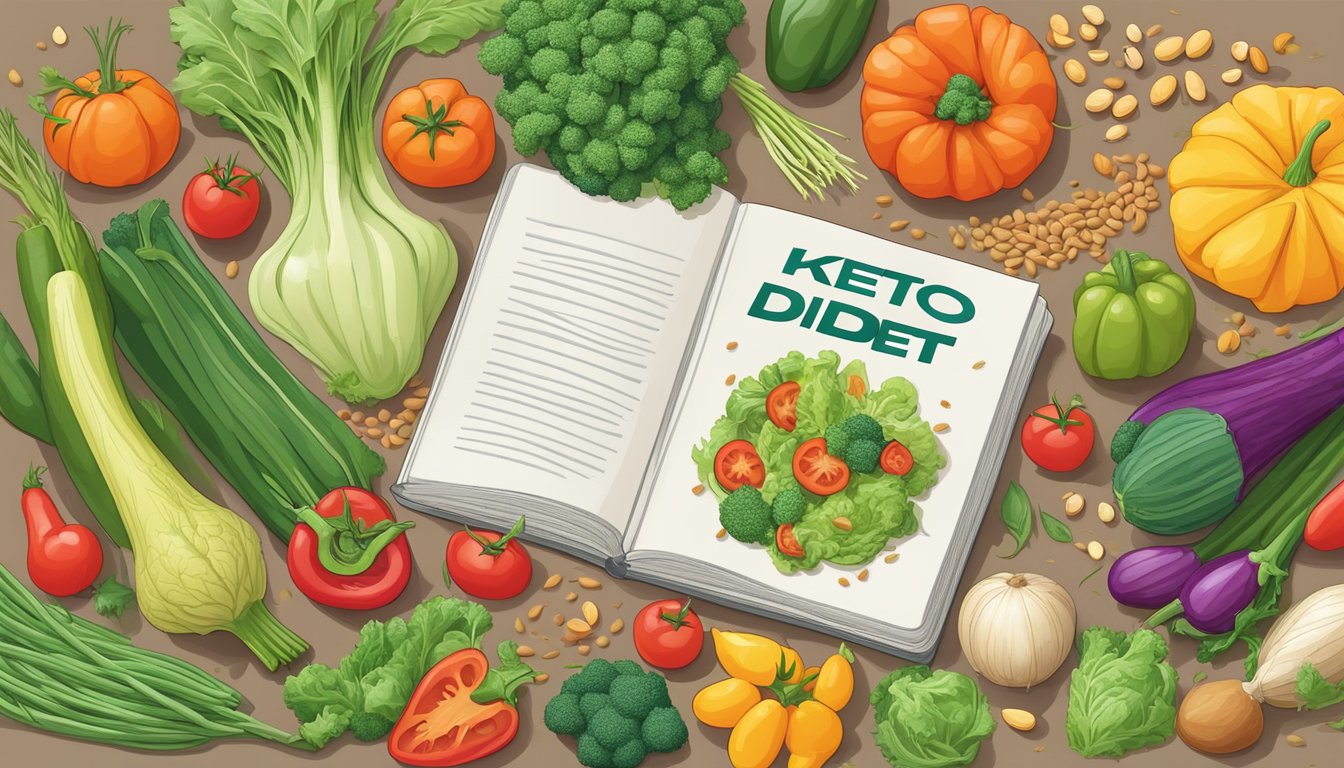 A colorful array of high-fiber vegetables and seeds arranged around a Keto Diet guidebook