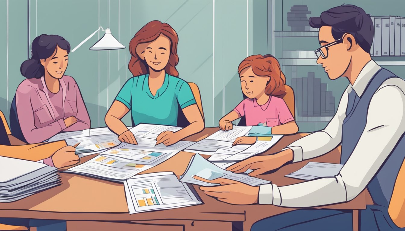 A family sitting at a table, comparing different insurance policies. A stack of papers and brochures are spread out, with one person pointing to a section on critical illness insurance