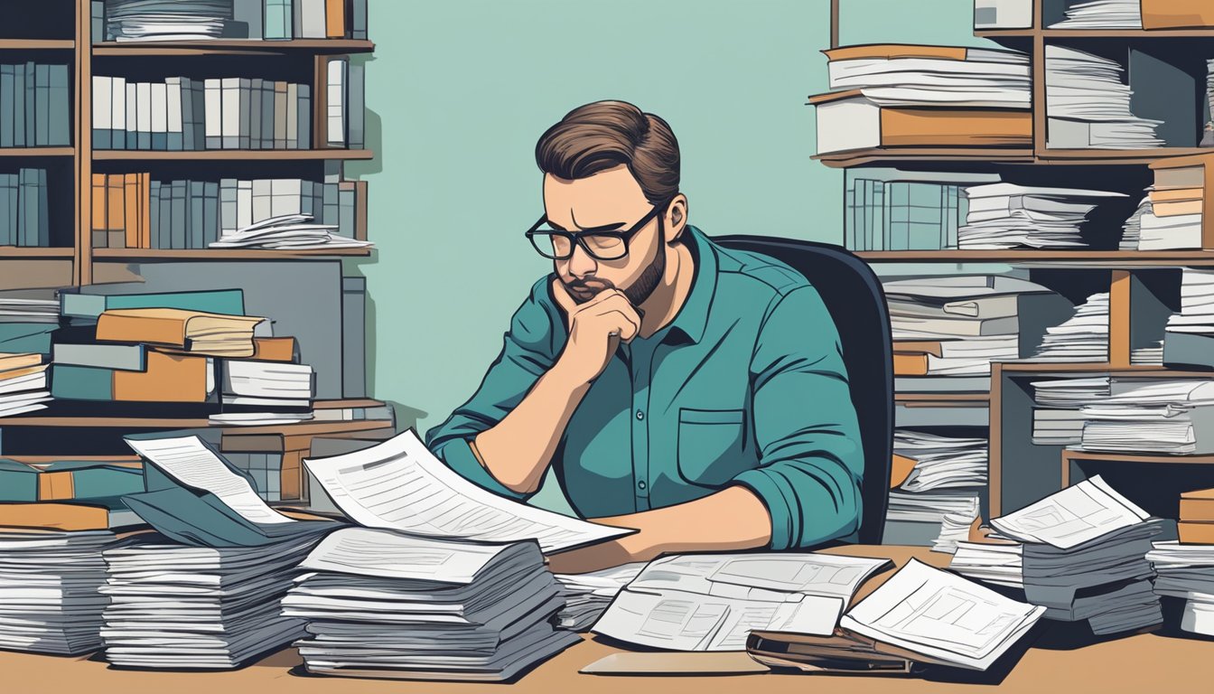 A person sitting at a desk, surrounded by paperwork and documents, with a puzzled expression on their face as they read through a list of exclusions and limitations of critical illness insurance