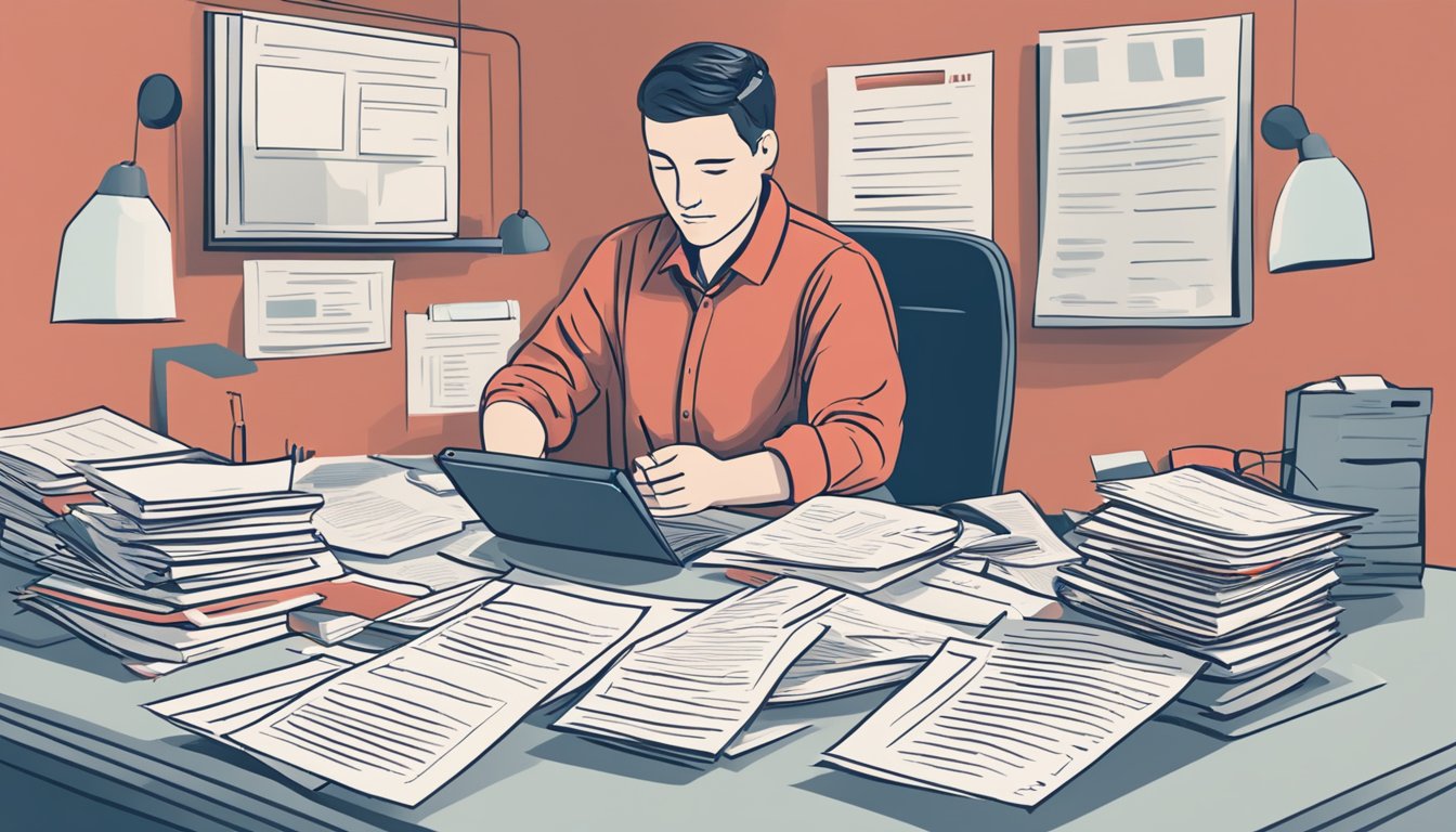 A person sitting at a desk, surrounded by paperwork and insurance documents. A red X over a list of items not covered by critical illness insurance