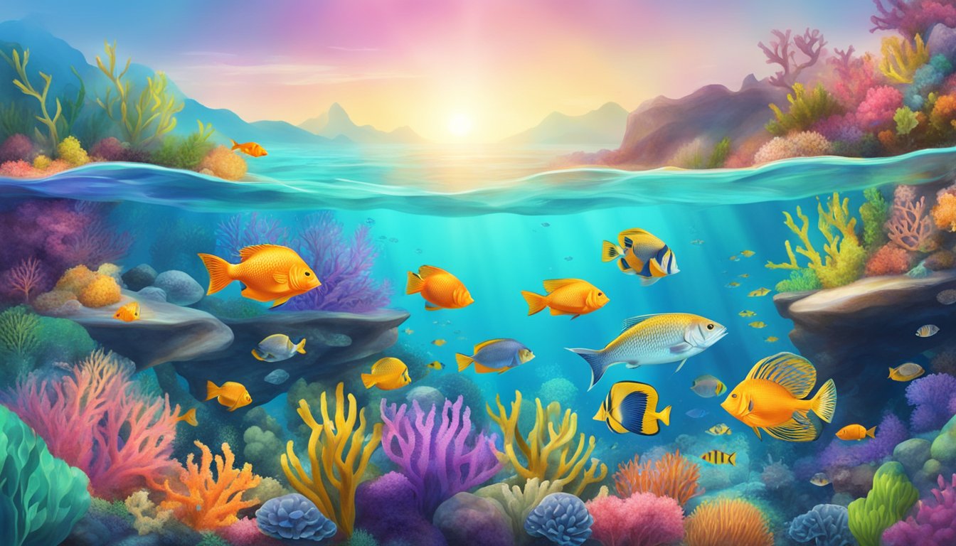 A vibrant underwater scene with a variety of sustainable fish swimming among colorful coral reefs, showcasing the health benefits and risks of a keto diet