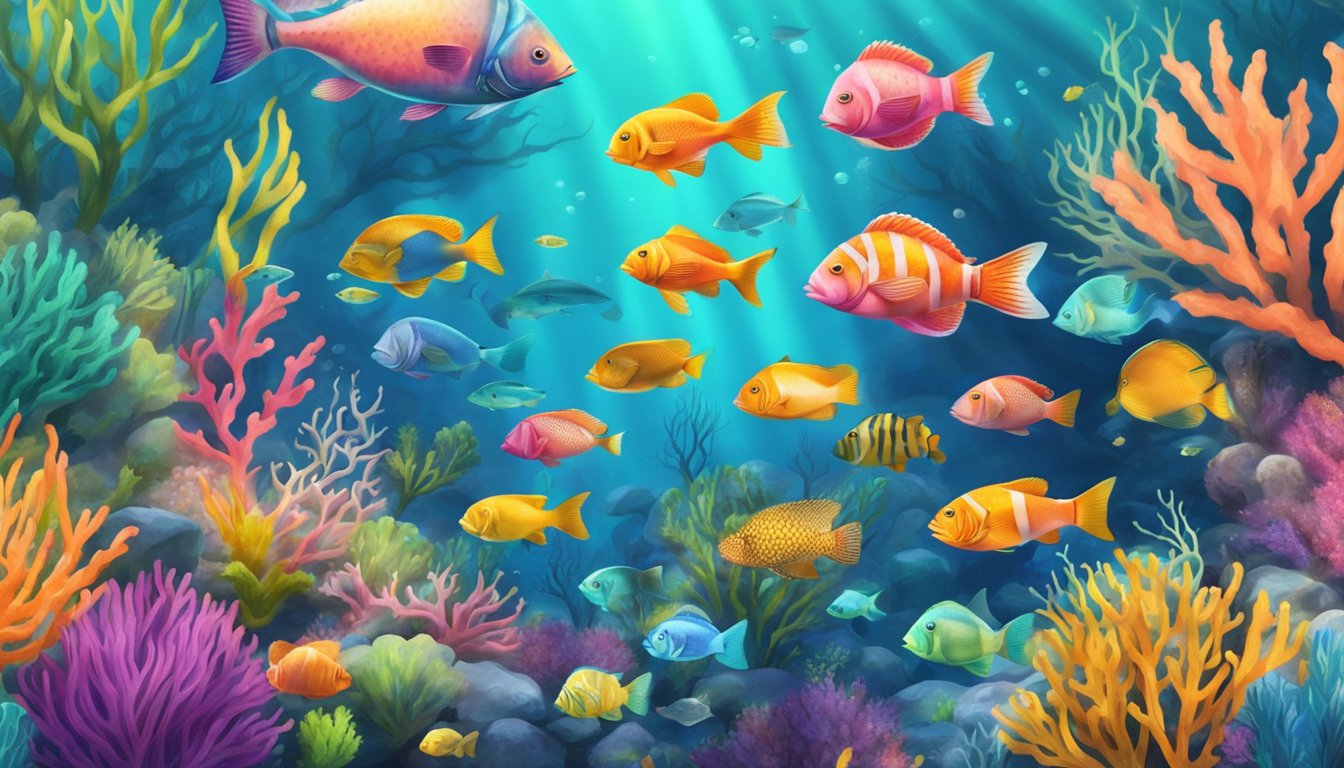 A vibrant underwater scene with a variety of sustainable fish swimming among colorful coral and sea plants, representing the importance of keto diet choices for a healthier planet and body