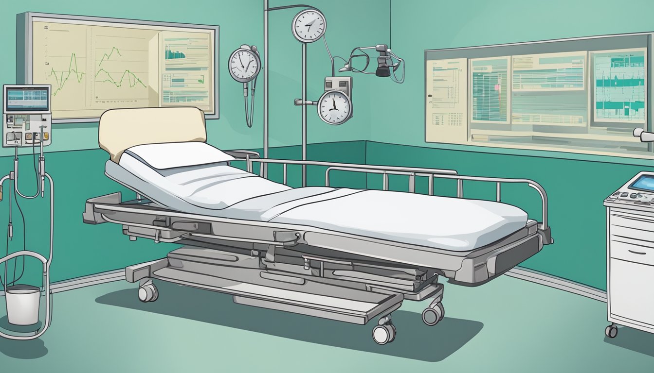 A hospital bed with medical equipment and a chart showing covered illnesses