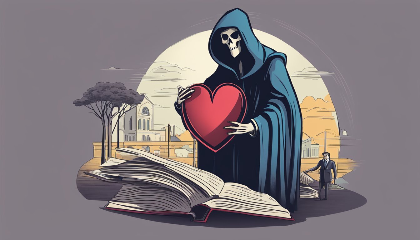 A heart-shaped insurance policy with a shadow of a grim reaper looming over it