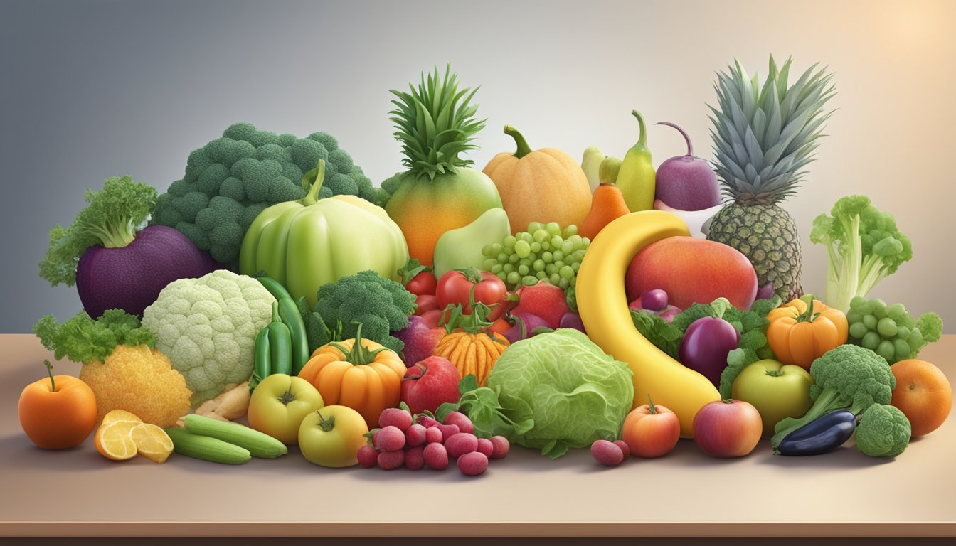 A colorful variety of fibrous fruits and vegetables arranged on a table, with a glowing digestive system diagram in the background