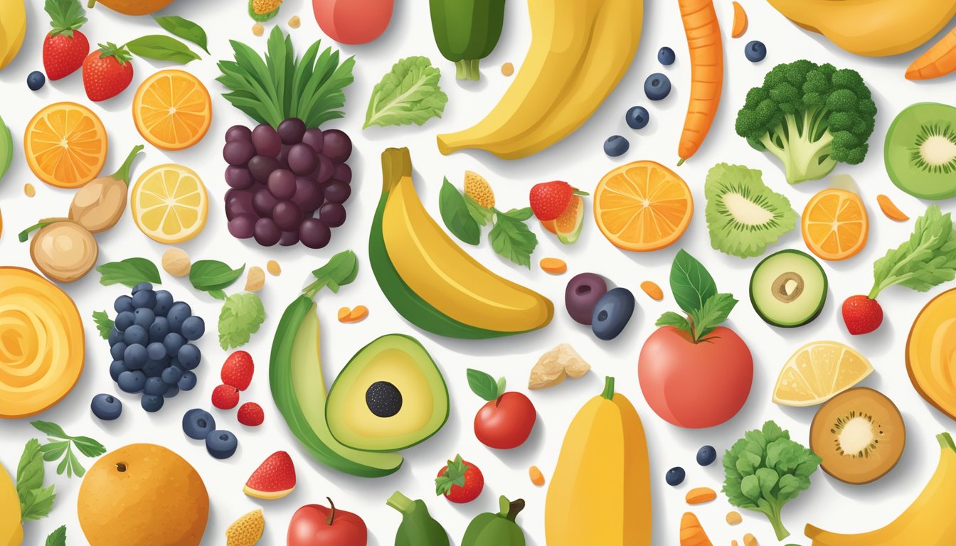 A colorful illustration of a diverse array of high-fiber foods, such as fruits, vegetables, and whole grains, surrounded by symbols representing digestive health and challenges