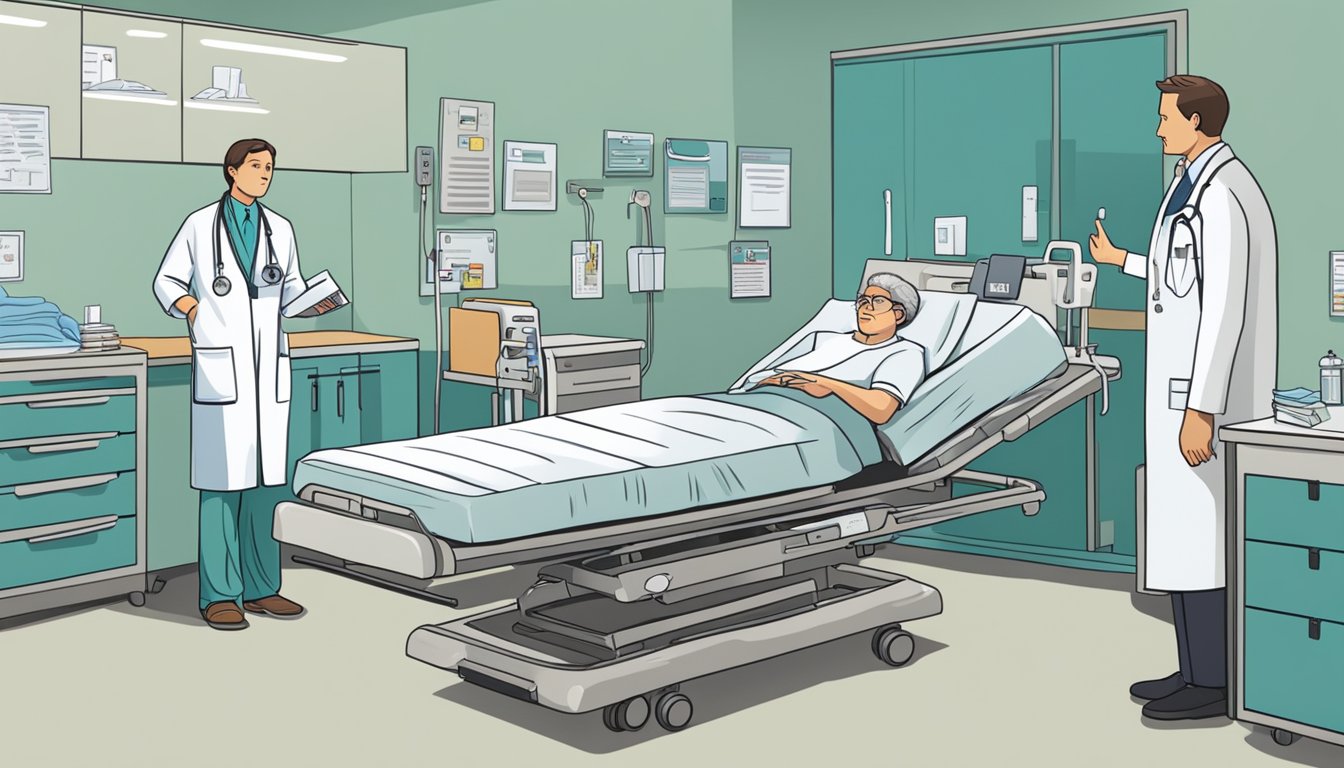 A hospital bed with medical equipment, a concerned family member speaking to a doctor, and a stack of paperwork labeled "critical illness insurance."