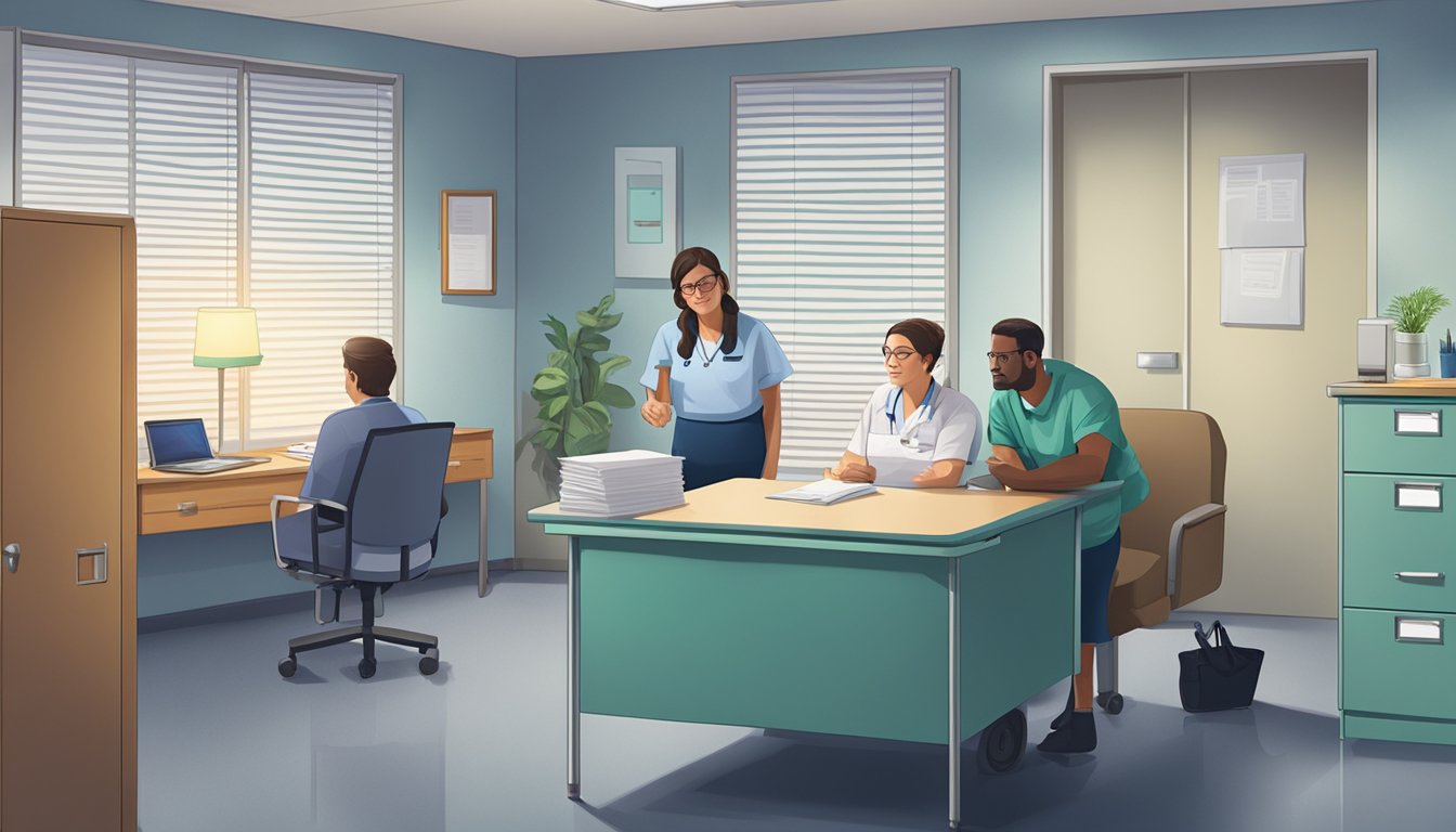 A hospital room with a filing cabinet, a desk with paperwork, and a concerned family member speaking with an insurance representative