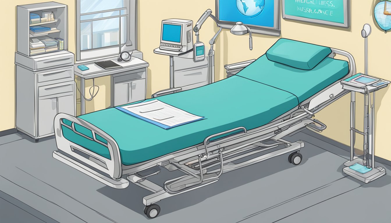 A hospital bed with medical equipment, a globe, and a document labeled "Critical Illness Insurance" on a desk