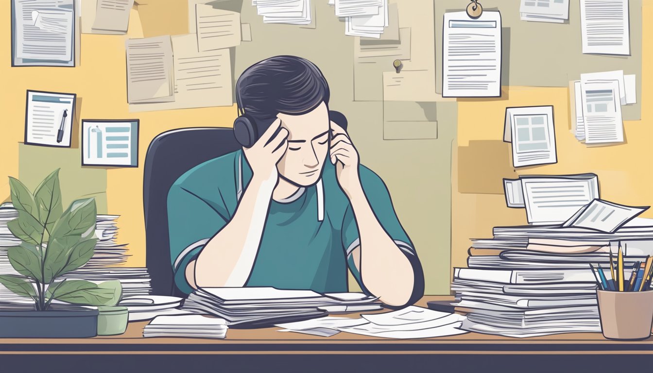 A person inquiring about mental health coverage, surrounded by paperwork and insurance forms